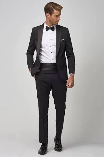 Slim Fit Dar Kesim Şal Yaka Desenli Klasik Siyah Smokin Takım