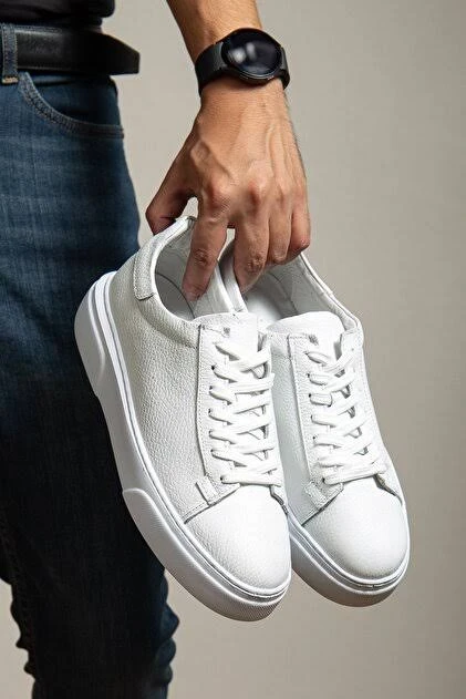 %100 Deri Rahat Taban Esnek Sneaker Beyaz Ayakkabı
